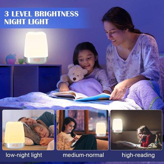Wake Up Light, Sunvook Alarm Clock Colored Sunrise Simulation LED Digital Alarm Clock Touch Control Dimmable Bedside Lamp with 5 Natural Sounds Rechargeable, 3 Brightness Levels, 256 Color RGB Mode