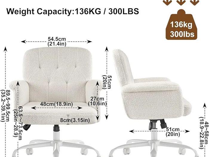 Home Office Desk Chair, Comfy Upholstered Fuzzy Vanity Chair with Wheels and Arms, Teddy Velvet Cute Adjustable Swivel Computer Seat for Living Room, Bedroom, Make Up and Salon, White