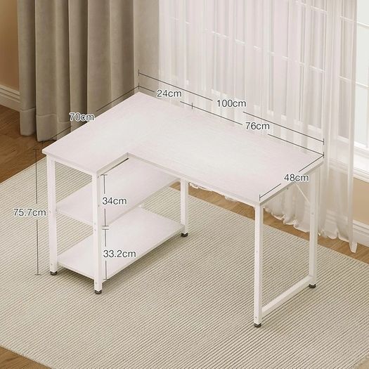 L Shaped Computer Desk, 100x70 cm Corner Desk, Office Desk with Reversible Storage Shelves, Writing Study Table for Work Play Home Office, White