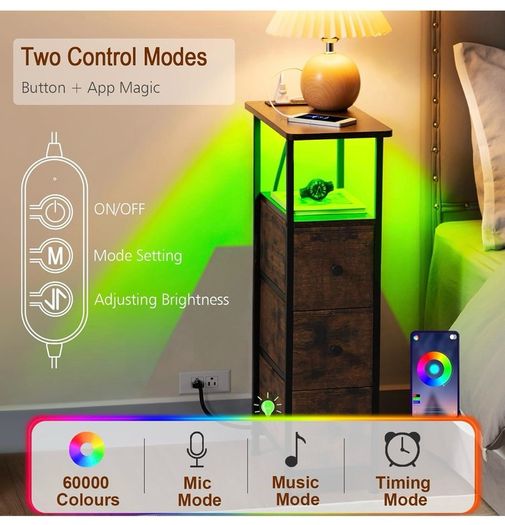Slim Bedside Table Set of 2 with Charging Station