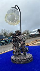 1987 Crosa Table Lamp Boy And Girl Figurines Bronze Effect With Glass Lampshade 44cm Antique
