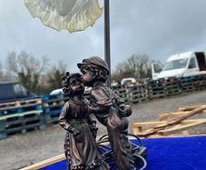 1987 Crosa Table Lamp Boy And Girl Figurines Bronze Effect With Glass Lampshade 44cm Antique