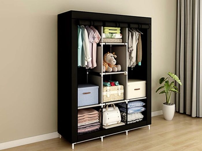 NEW SALE | Canvas Wardrobe Cupboard Clothes Storage Organiser With 2 Hanging Rail and 6 Shelves,Grey
