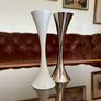 Vintage 20th Century Heavy Asymmetrical Stainless Steel and White Enamel Pair Of Candle Holders Image 2