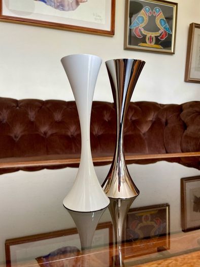 Vintage 20th Century Heavy Asymmetrical Stainless Steel and White Enamel Pair Of Candle Holders