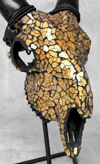 Mosaic-Embellished Real Goat Skull - Bone, Mosaic inlay
