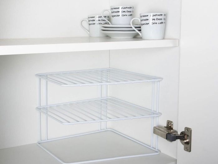 Corner Plate Rack For Kitchen Cupboards | Square Add a shelf White Plate Stacker Organiser