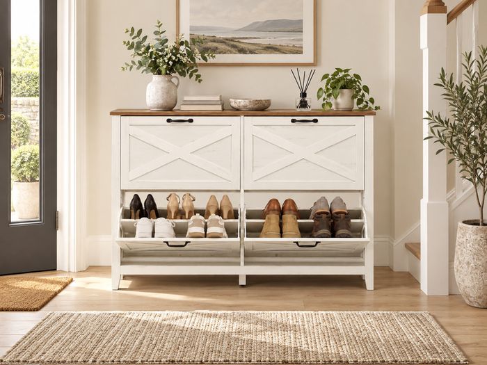 White 4 Flap Shoe Cabinet 127cm Wide Slim Hallway Storage Unit