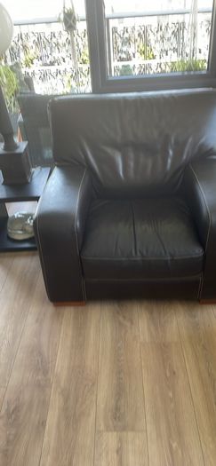 Brown leather, two seater sofa and chair