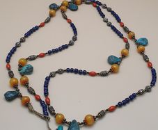 Vintage Tribal Lapis, Coral & Amber Ethnic Necklace with Turquoise Drops