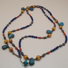 Vintage Tribal Lapis, Coral & Amber Ethnic Necklace with Turquoise Drops
