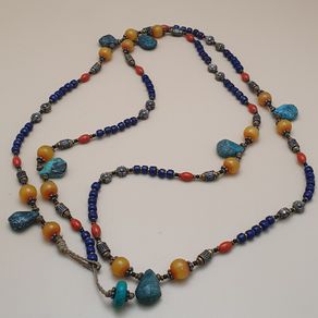 Vintage Tribal Lapis, Coral & Amber Ethnic Necklace with Turquoise Drops