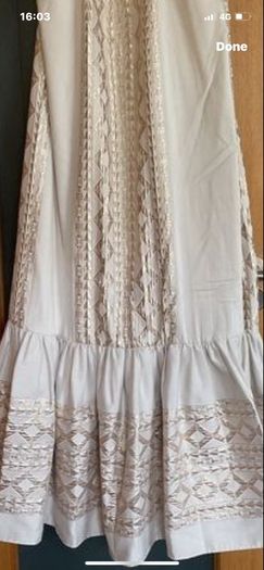 Ancient Greek Designer Maxi halter neck dress in embroidered cream and metallic gold thread and high thread count material