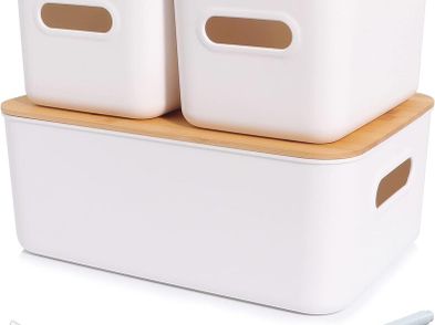 Set Of 3 Storage Box With Bamboo Lid Plastic Storage Boxes Kitchen ...