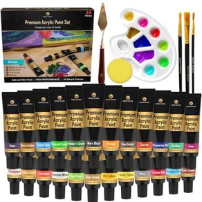 Deluxe Acrylic Paint Set School Art Supplies for Artist 30pc Craft Kit for Rock  Wood Ceramic Canvas Paper And Fabric  Include Mixing Knife, Sponge, Palette and 3 Sizes Premium  (FREE POSTAGE)