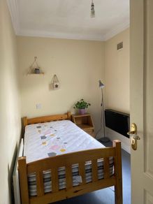Single pine frame bed and practically new mattress