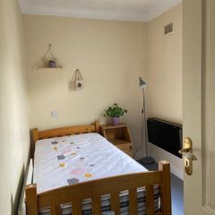 Single pine frame bed and practically new mattress