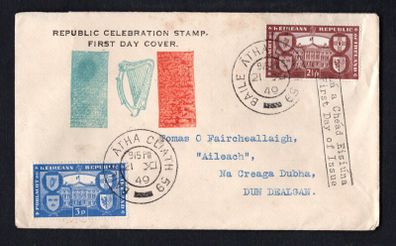1949 Ireland Republic of Ireland (International Recognition of the Republic) Commemorative Stamps Illustrated First Day Cover (FDC) with Baile Atha Cliath (Dublin) steele cancel