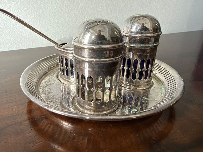 Vintage EPNS Cruet Set with Cobalt Blue Glass