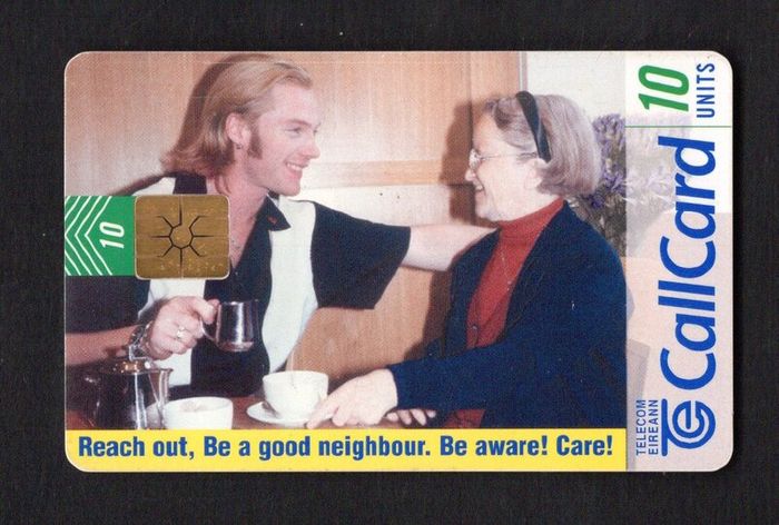 1997 Ireland 10 unit The Reach Out 1996 Callcard has a photo featuring an elderly lady along with the Boyzone music star Ronan Keating having a cup of tea (Gemplus GEM1) Call Card Used