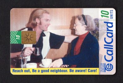 1997 Ireland 10 unit The Reach Out 1996 Callcard has a photo featuring an elderly lady along with the Boyzone music star Ronan Keating having a cup of tea (Gemplus GEM1) Call Card Used