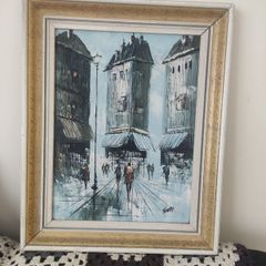 Vintage 1960's oil painting of a Parisian street