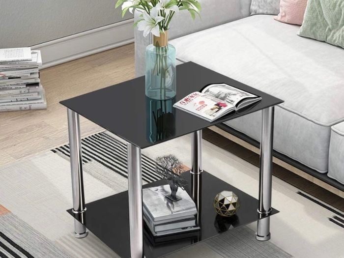 Coffee Table Tempered Glass Living Room Table Side Table Industrial Design Sofa Table 2 Tier Glass Table with Chrome Legs Coffee Table Metal Console Table for Living Room Balcony Hallway Black (FREE POSTAGE)