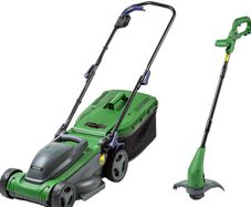 1400W 34cm Electric Lawnmower and Grass Trimmer Set, Corded Corded electric lawn mower for small-medium lawns with rear roller for stripes. 350W 2-in-1 corded strimmer.