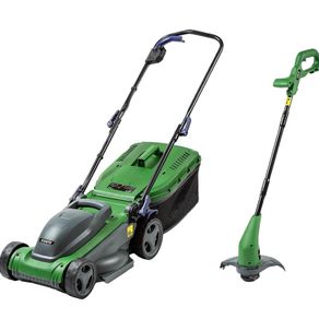 1400W 34cm Electric Lawnmower and Grass Trimmer Set, Corded Corded electric lawn mower for small-medium lawns with rear roller for stripes. 350W 2-in-1 corded strimmer.