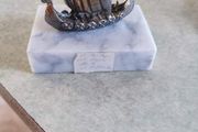Vintage Norge pewter Viking ship figurine on marble plinth.
