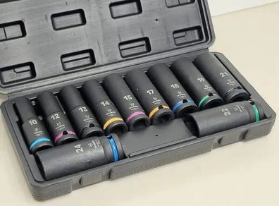 11 Piece 1/2inch Square Drive 6 Point Deep Hex Impact Socket Set -78mm Long | Colour Coded