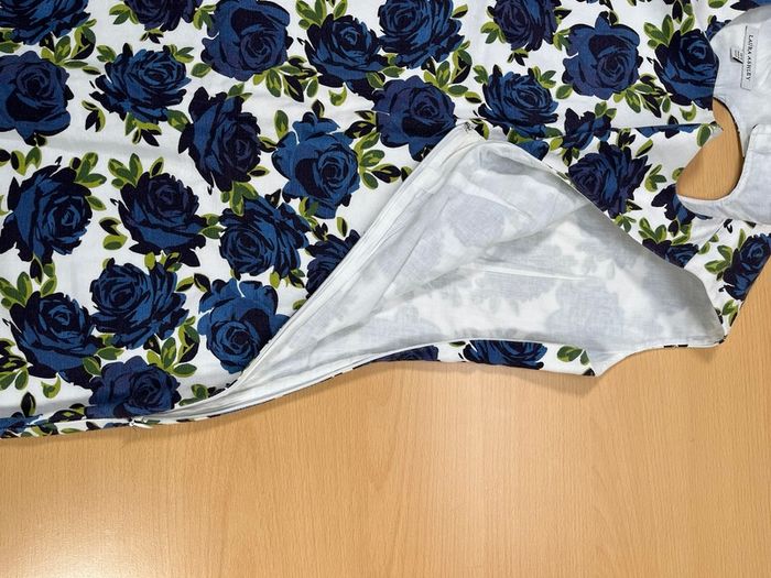 Laura Ashley Womens Dress White A-Line Linen Blue Rose Floral Print Retro SZ 10