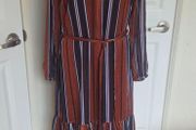 Fransa Rust Stripe Midi Dress Size 8 Boho Autumn Sheer Sleeve Belted