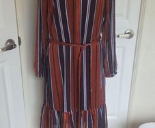Fransa Rust Stripe Midi Dress Size 8 Boho Autumn Sheer Sleeve Belted