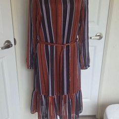 Fransa Rust Stripe Midi Dress Size 8 Boho Autumn Sheer Sleeve Belted