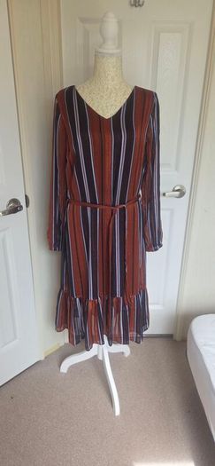 Fransa Rust Stripe Midi Dress Size 8 Boho Autumn Sheer Sleeve Belted