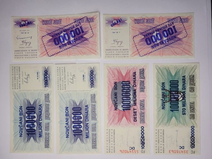 Bosnia - Herzegovina  100,000-100.000,000 Dinara, 1992-1994, 6 notes