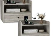 Bedside Table Set of 2 with Drawer and Charging Station, Bedroom Floating Nightstand with Open Shelf for Modern Home Design,Gray