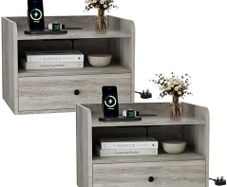 Bedside Table Set of 2 with Drawer and Charging Station, Bedroom Floating Nightstand with Open Shelf for Modern Home Design,Gray
