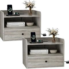 Bedside Table Set of 2 with Drawer and Charging Station, Bedroom Floating Nightstand with Open Shelf for Modern Home Design,Gray