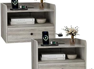 Bedside Table Set of 2 with Drawer and Charging Station, Bedroom Floating Nightstand with Open Shelf for Modern Home Design,Gray