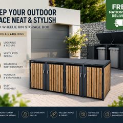 Metal Wheelie Bin Storage Box for 4 x 240L Bins Lockable Anthracite Oak Effect