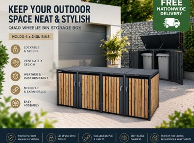 Metal Wheelie Bin Storage Box for 4 x 240L Bins Lockable Anthracite Oak Effect