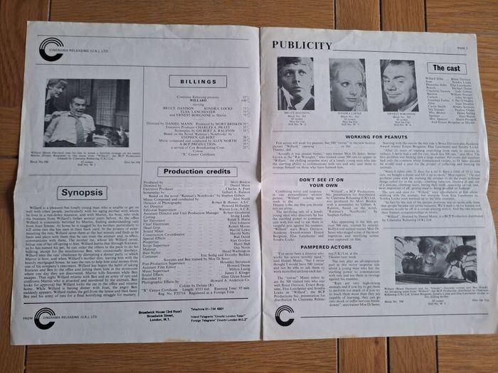 1971 Willard Pressbook & Press Kit Synopsis & Press Photos