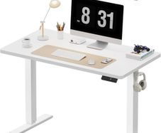 Electric Standing Desk, 100 x 60 cm, White Height Adjustable Desk, 2 Hooks, 4 Memory Heights, 72-118cm, Splice Board, Ergonomic Sit Stand Computer Desk for Home Office