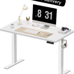 Electric Standing Desk, 100 x 60 cm, White Height Adjustable Desk, 2 Hooks, 4 Memory Heights, 72-118cm, Splice Board, Ergonomic Sit Stand Computer Desk for Home Office
