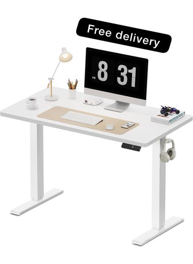 Electric Standing Desk, 100 x 60 cm, White Height Adjustable Desk, 2 Hooks, 4 Memory Heights, 72-118cm, Splice Board, Ergonomic Sit Stand Computer Desk for Home Office