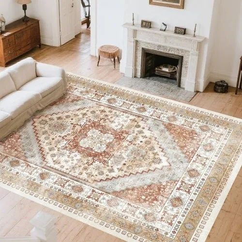 Area Rug, 8 x 10 ft Large Washable Rug, Non-Slip and Tear-Resistant Soft Carpet, Pet & Child Friendly Vintage Area Rugs, Indoor Mat for Bedroom, Living Room, Kids Room, Office, Brown Red