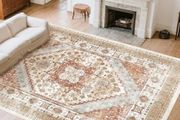 Area Rug, 8 x 10 ft Large Washable Rug, Non-Slip and Tear-Resistant Soft Carpet, Pet &amp; Child Friendly Vintage Area Rugs, Indoor Mat for Bedroom, Living Room, Kids Room, Office, Brown Red
