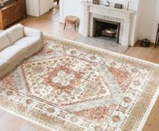 Area Rug, 8 x 10 ft Large Washable Rug, Non-Slip and Tear-Resistant Soft Carpet, Pet & Child Friendly Vintage Area Rugs, Indoor Mat for Bedroom, Living Room, Kids Room, Office, Brown Red